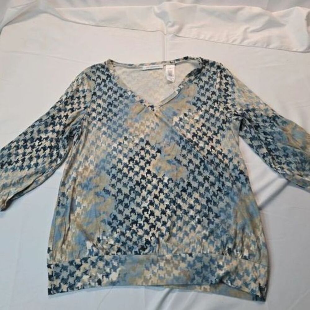 Liz Claiborne Womens V-Neck Top M Floral Houndstooth Pattern Print Shirt